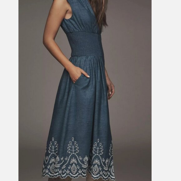 Anthropologie The Tommie Denim Chambray Zip Front Eyelet Trim Dress Blue L NWT - Picture 4 of 8